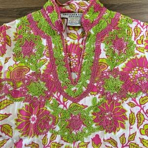 Gretchen Scott Dori Embroidered Tunic Dress Top Small Pink Green Side Slit Artsy